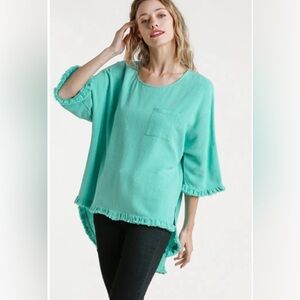 Umgee Linen Blend Bell Sleeve Round Neck, Chest Pocket, Frayed Hi Low Scoop Hem